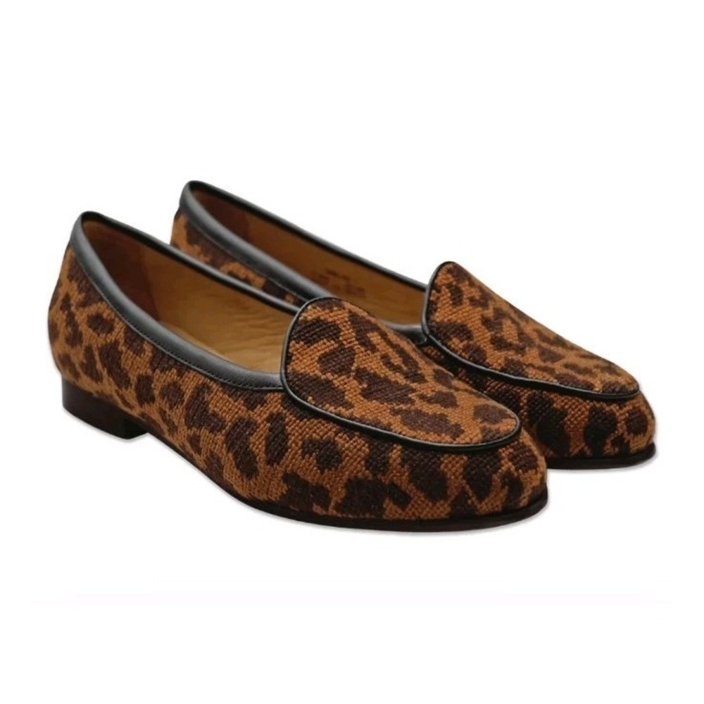 Smathers Branson Belgian Loafers Womens 11M Brown Leopard Print Needlepoint Shoe